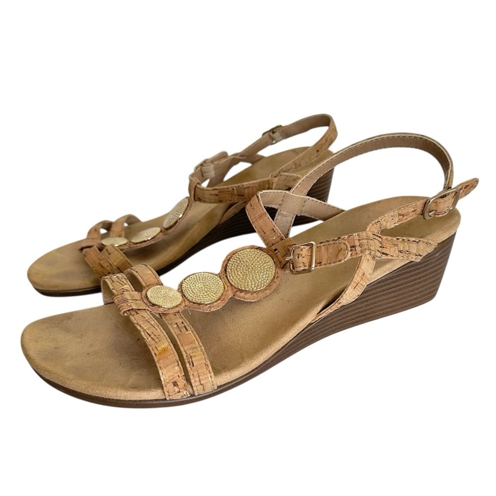 Vionic Strappy Cork Wedge Heel Sandals 9.5 Tan Gold Orthotic Comfort Beach Boho